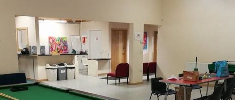 Mercread Youth Centre, pool table, seating and kitchen.
