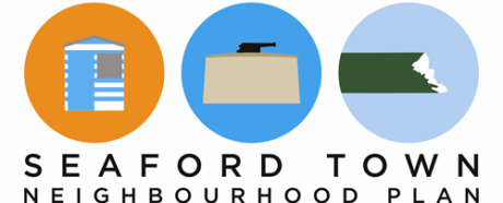 Seaford Neighbourhood Plan logo, which has a vector image of a beach hut, martello tower and the seven sisters cliff.