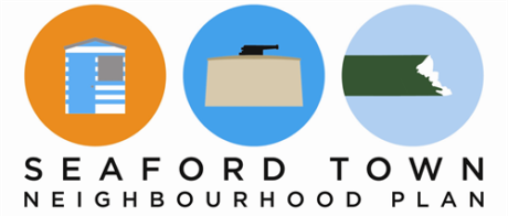 Seaford Neighbourhood Plan logo, which has a vector image of a beach hut, martello tower and the seven sisters cliff.