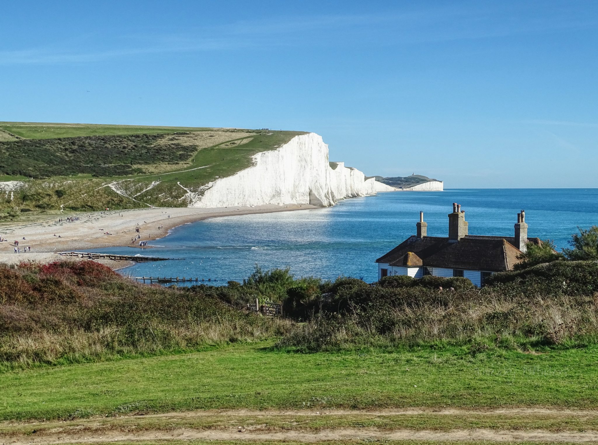 The Seven Sisters Cliffs, the sea and the cottage roof.