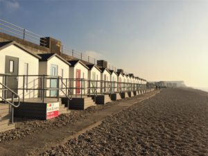 Bonningstedt Beach Huts at sunset.