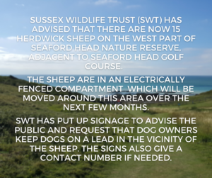 A message saying that 15 Herdwick Sheep are now on the Reserve to thee West of the Golf Course and how dog owners should keep dogs on a lead near the sheep plus that there are signs up in that area which gives a telephone number if needed. 