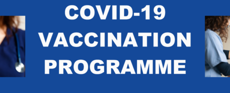 A banner showing two generic photos of the Covid-19 vaccine and words saying 