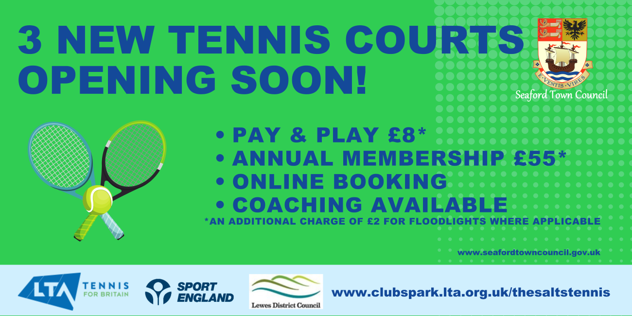 new tennis courts opening soon poster.  pay and play from £8 annual group membership £55 online booking and coaching sessions available 