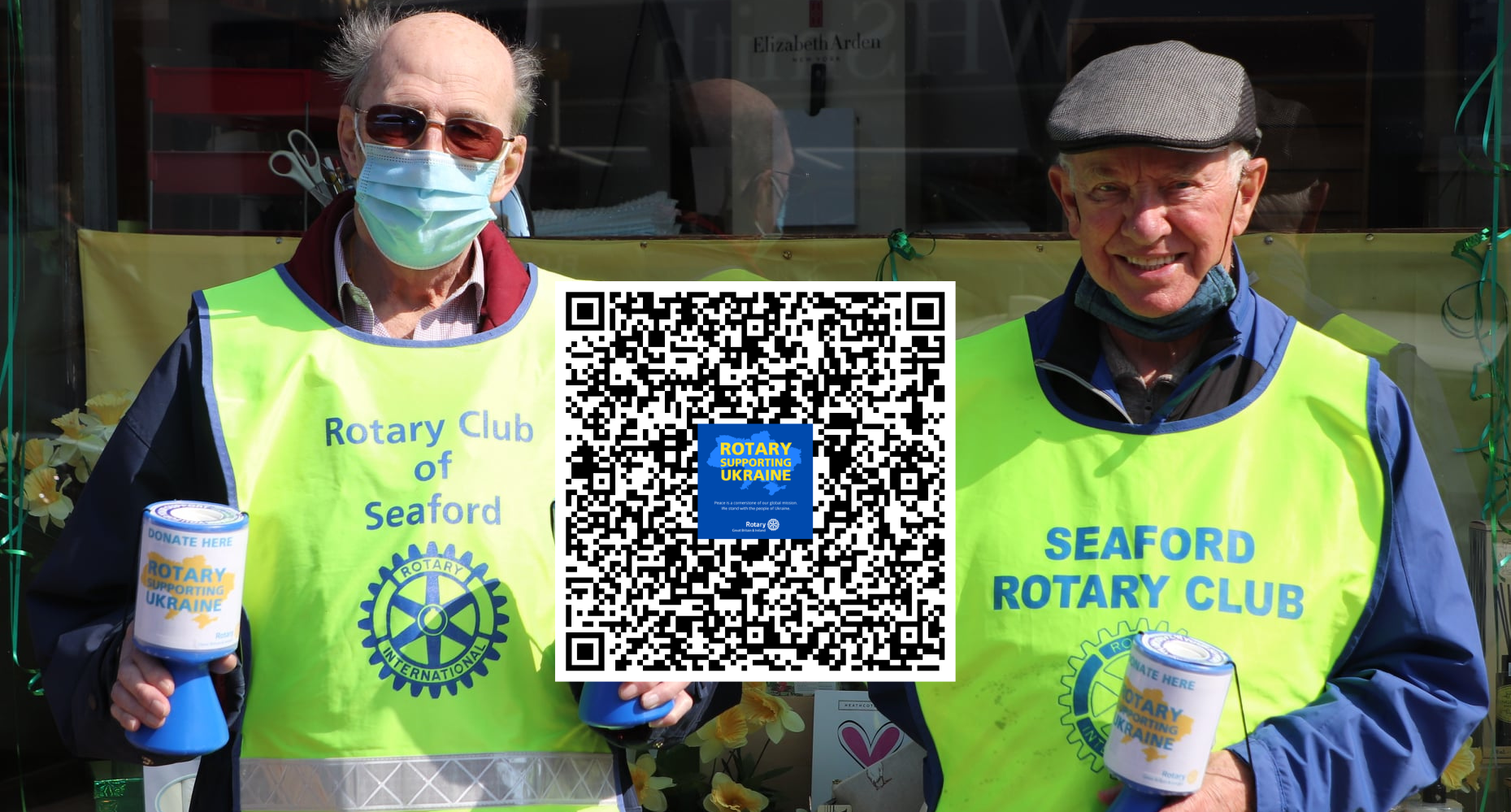 Seaford Rotary Club Members Fundraising in Seaford for Ukraine with QR code overlay for donations