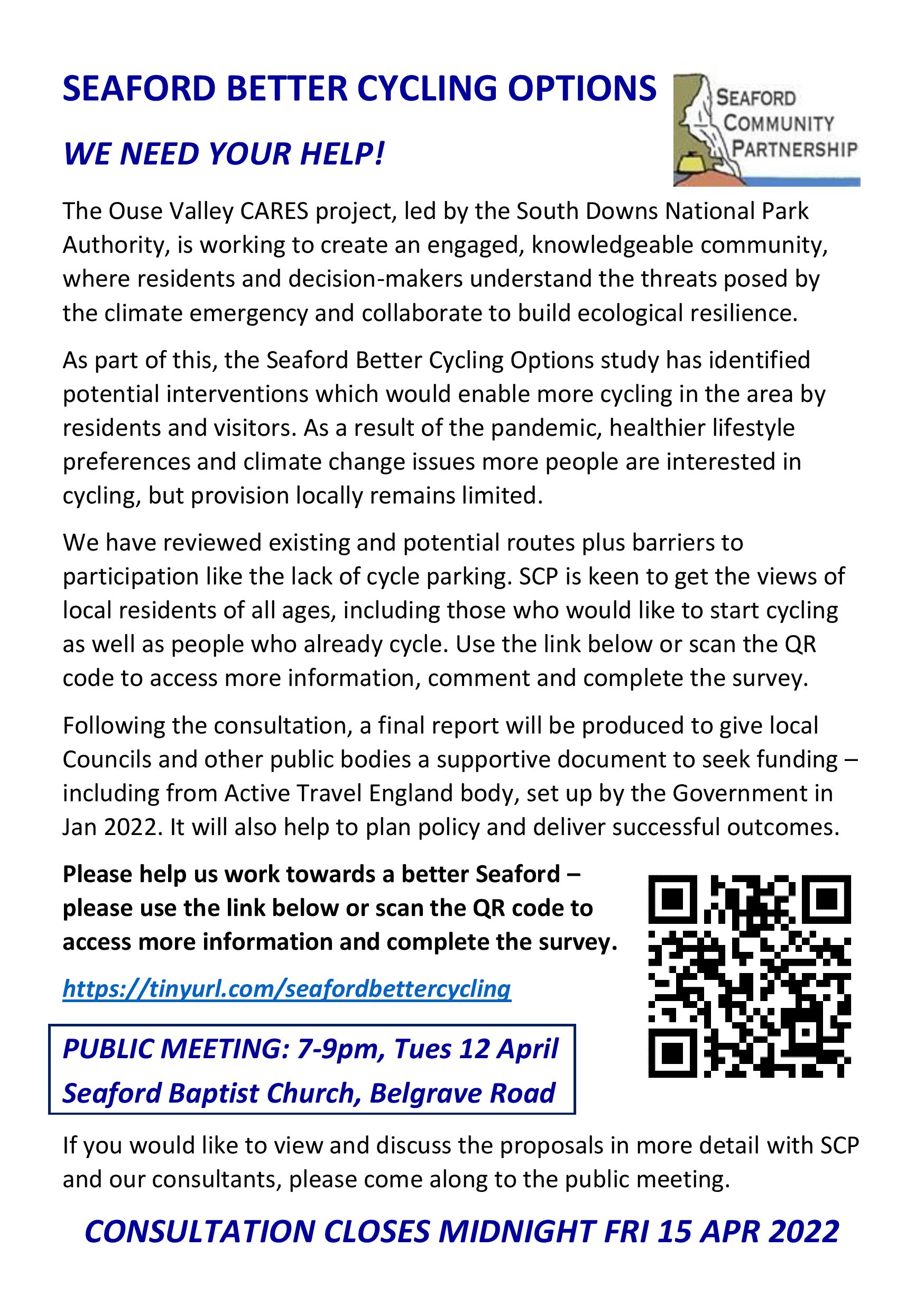 a flyer for Seaford better cycling advertising public meeting on Tuesday 12th April 2022