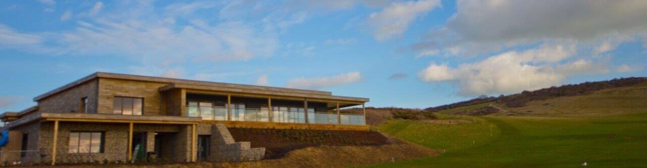 Outside view across Seaford Head golf course of the View Restaurant in Seaford