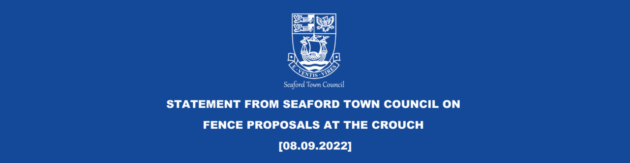 White text on blue background banner statement with Seaford Town Council logo