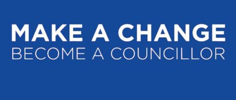 White text on blue background - make a change, become a councillor