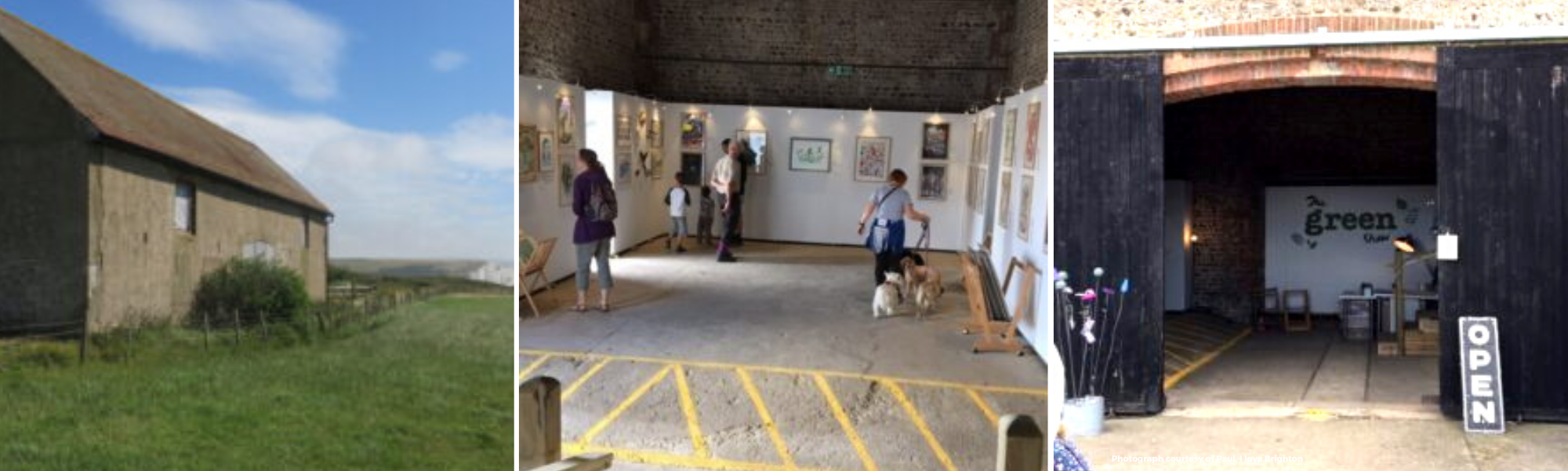 External view of South Hill Barn, and an art gallery inside the barn, people looking at artwork on the walls.
