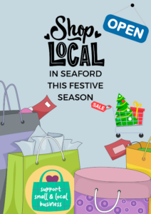 shop local in seaford poster with shopping bags and xmas tree