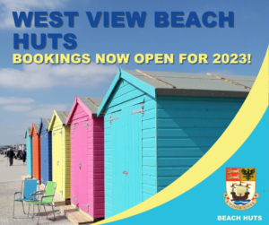 Colourful beach huts with wording 'west view beach huts now open for bookings 2023'.