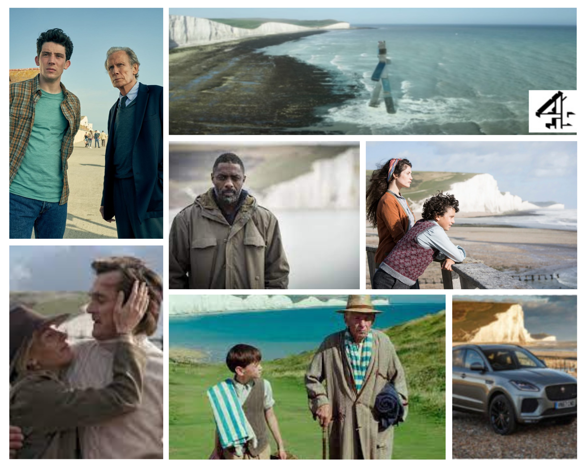photos of films that have used Seaford as film location. Two men standing together, seven sisters cliffs, Idris Elba.