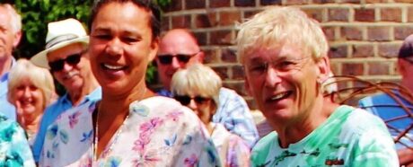 TV Presenter Juliet Sargeant (left) cutting the ribbon for the Mayor of Seaford’s Garden Trail organised by Coronation Champion Geoff Stonebanks (right).