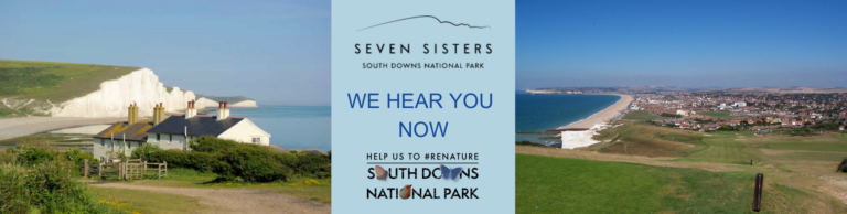 Picture of the Coastguard Cottages at Cuckmere Haven looking over the Seven Sisters white cliffs and a photo of Seaford Bay from the top of Seaford Head - with the wording 
