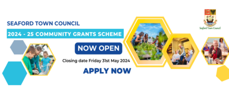 Seaford Town Council community grant open, images of various community groups, community garden, kids, older persons and art group