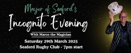 Incognito evening with a photo of a magician hold his hat up in the air.