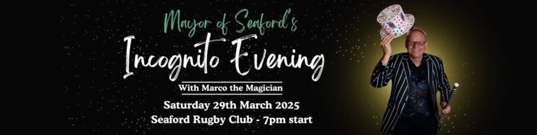 Incognito evening with a photo of a magician hold his hat up in the air.