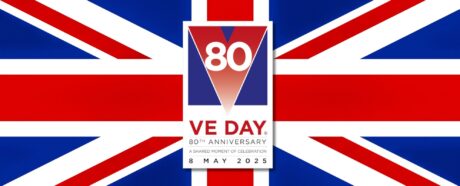 Union Jack with VE Day 80th anniversary logo.