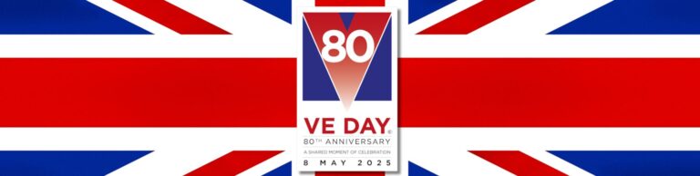 Union Jack flag with 80 VE Day logo.