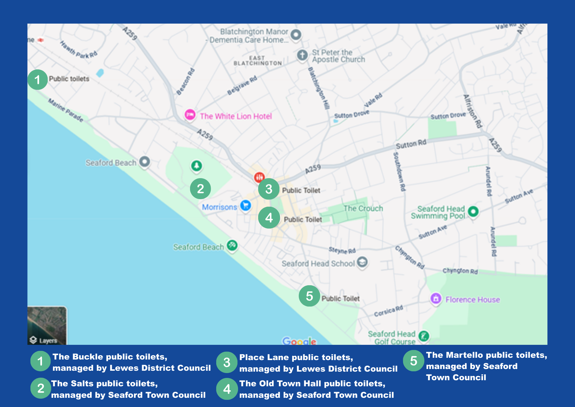 Map show location of public toilets in town - 1 Buckle Car Park Public Toilets, 2 The Salts Public Toilets, 3 Place Lane Public Toilets, 4 The Old Town Hall Public Toilets and 5 Martello Public Toilets