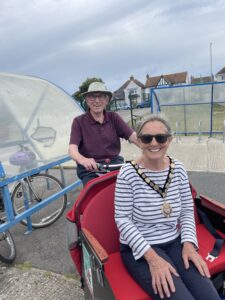 The Mayor trying out Cycling without age at Sustainable Seaford, rickshaw
