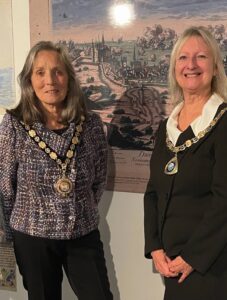 The Mayor of Seaford with the Mayor of Peacehaven attending the Newhaven- Dieppe 200 year ferry exhibition.