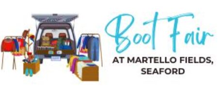 graphic of a car boot with cupboard boxes of things for sale. Clothing rails outside in front of the car.