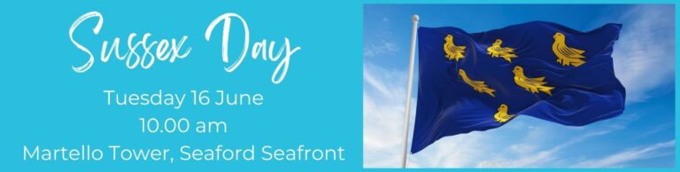 Sussex Day Tuesday 16 June 2026 at 10am at Martello Tower, Seaford Seafront. An image of the Sussex Flag, dark blue background with yellow birds.
