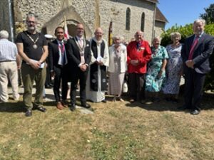 St. Andrew's Bishopstone for Sea Sunday. Mayor of Seaford, Consort to The Mayor of Newhave, Mayor of Newhaven, Revd Chris Collison, Vice Lord Lieutenant E. Sussex, Mr. Laurie Holland (Seaford Lifeguards) Anne Abbott ( Chair of The Society of St. George), Joan Parrott (Sea Sunday escort), High Sheriff of East Sussex.